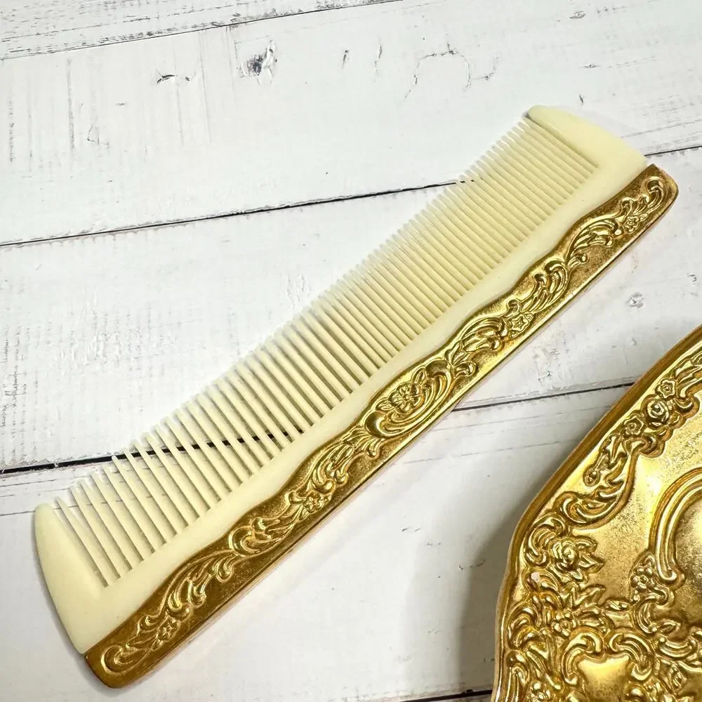 Vintage Gold Tone Brush & Comb Vanity Set Celluloid EUC Art Deco Style READ